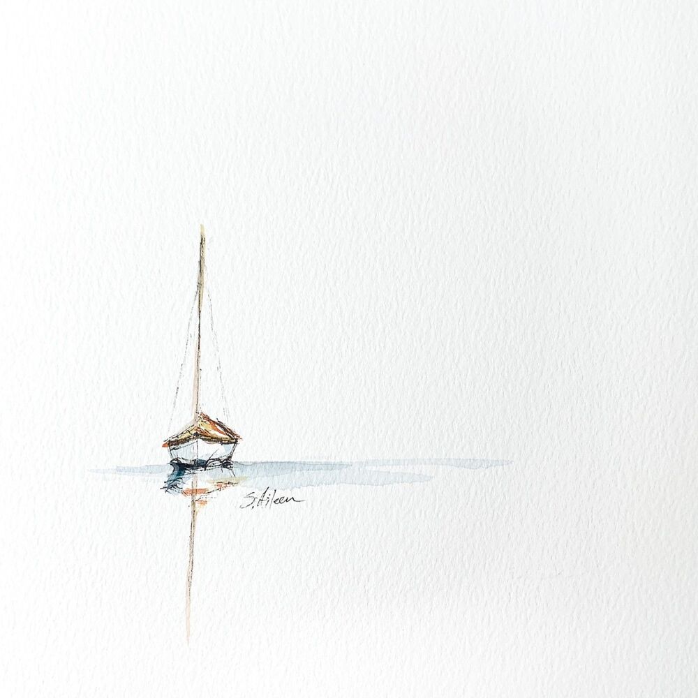 8x8 Maine Original Painting Watercolor Ink Sailboat Nautical New England Signed